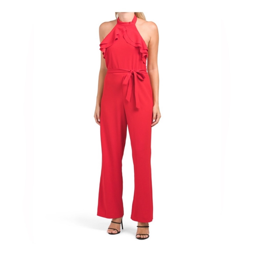 NWT BEBE Red Halter Ruffle Neck Jumpsuit sz 3x
